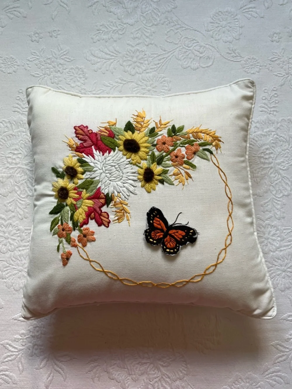 Vintage Embroidered Floral Butterfly Applique Decorative Pillow